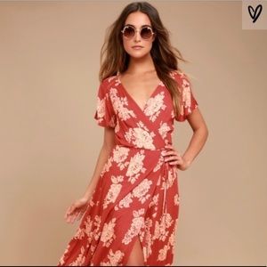 Heart of Marigold Rust Red Floral Wrap Maxi Dress